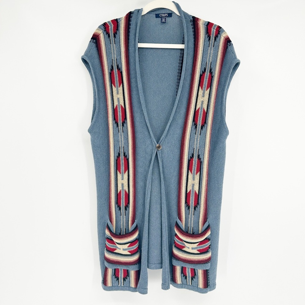 Chaps Womens Boho Aztec Southwestern Knit Long Cardigan Sweater‎ Vest Size 1X